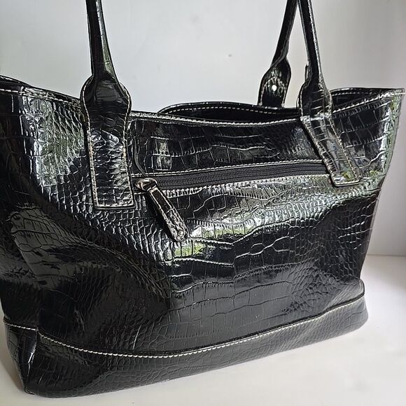 LIZ CLAIBORNE Embossed Faux Crocodile Black Purse Tote Shoulder Bag 14x10x5 EUC - Picture 8 of 15